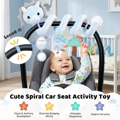 Stuffed Dinosaur Spiral Car Seat Toys Hanging for Babies 0-3 3-6 6-12 Months, Plush Infant Stroller Toy with Silicone Teether, Crinkle and Squeaker, Soft Cute Shower Gifts for Newborn Boys Girls