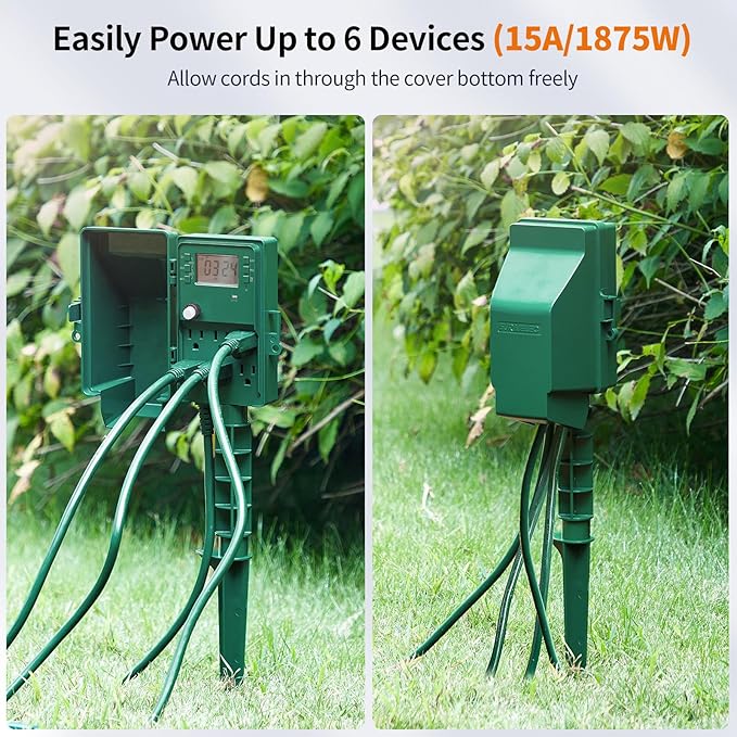 SURAIELEC Outdoor Power Stake, 7-Day Programmable Digital Timer, Power Strip Weatherproof, 6 Multi Plug Electrical Outlet Waterproof, 6FT Extension Cord, for Outside Yard Light, Christmas Decorations