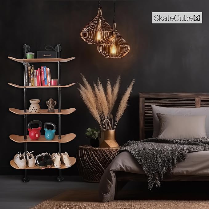 Industrial Shelves - 5 Tier Industrial Decor Pipe Bookcase Using 7 Ply Skateboard Decks - Natural Wood Stain Finish - Bathroom Wall Decor, Living Room Furniture, Book Shelf for Skateboard Enthusiasts