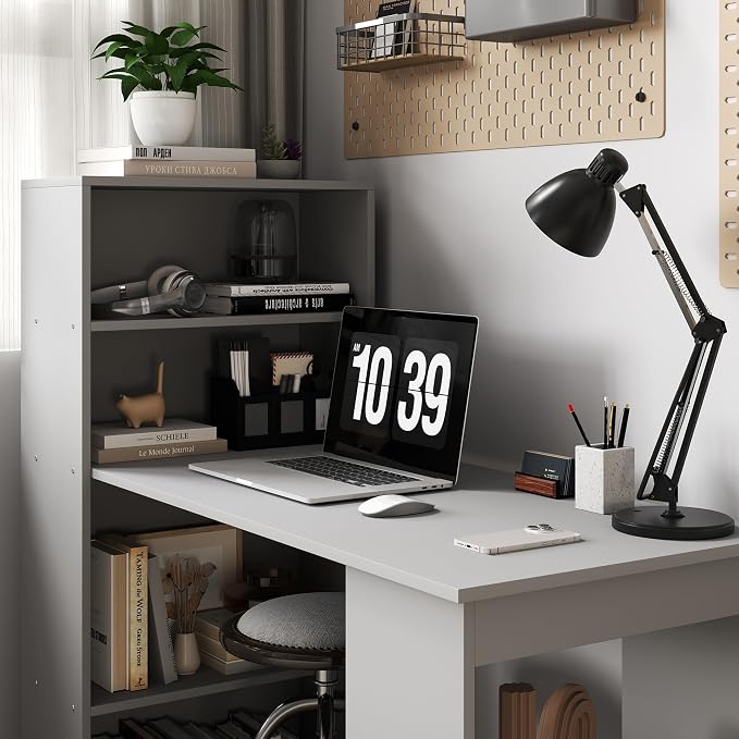 HOMCOM Modern Home Office Desk with 6-Tier Storage Shelves, 47", Gray | Writing Desk, Bookshelf