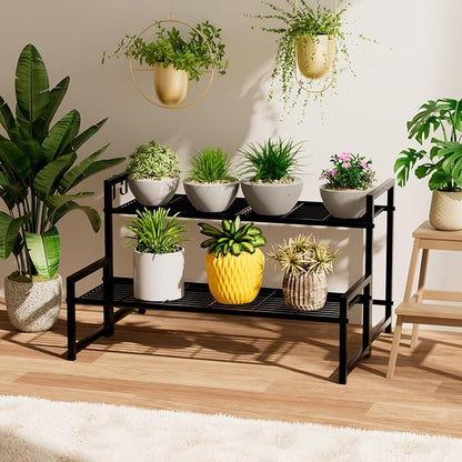 Garden 4 you 2 Tier Metal Plant Stand Outdoor Indoor Waterproof, Stackable Heavy Duty Tall Plant Shelf Flower Pot Holder for Garden, Display Rack, Black