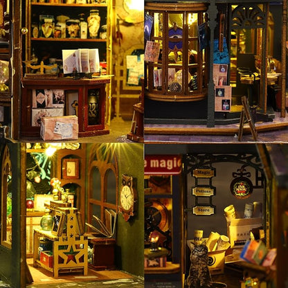 Plustopoy Miniature House Kit DIY Mini House Building Kit with LED Light, DIY Mini Dollhouse with Furniture Book Nook Kit, 3D Wooden Puzzle Wooden Bookend Shelf Insert Decro (Holo Magic City)