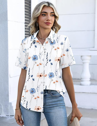 Zeagoo Button Down Shirts for Women Short Sleeve Collared Tops Dressy Casual V Neck Blouses