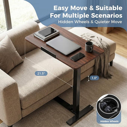 Overbed Table Adjustable Bedside Desk with Wheels Brown | Pneumatic Lift Design Offers Easy Height Adjustment for Bed and Sofa Use