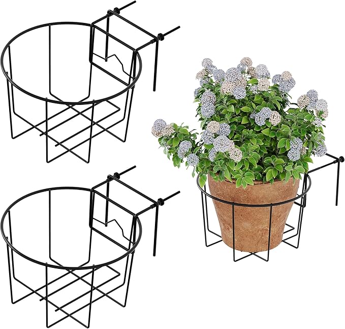 TQVAI 10 Inch Railing Planter - Fit for 3 to 5.5 Inches Railing - Adjustable Hanging Planters Outdoor Balcony Deck Flower Pot Holder Metal Baskets for Garden Orchid, Patio Ledge, 3 Pack, Black