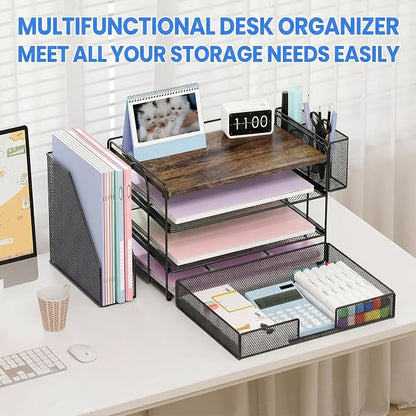 OPNICE Desk Organizers and Accessories, 4-Tier Desktop File Organizer with Drawer and Pen Holders, Office Desk Accessories Workspace Organizers for Office Supplies (Wood)
