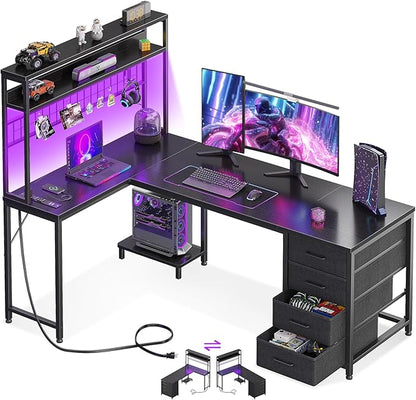 AODK L Shaped Desk Gaming Desk with LED Light & Power Outlet | 59 Inch Black Reversible L Shaped Computer Table with 4 Drawers for Home Office
