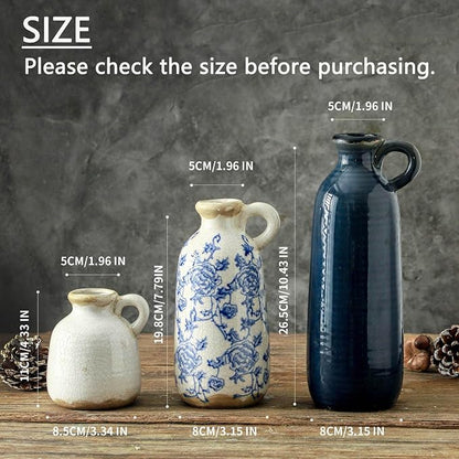 Ceramic Vase Set of 3 with Handle, Vintage Rustic Vases Home Decor Farmhouse Decorative Vase Pottery Decor Modern for Table Mantel Entryway Bookshelf Living Room Kitchen Bedroom - Blue