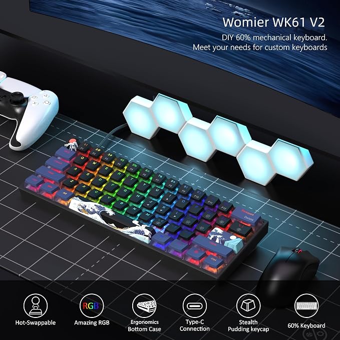 Womier 60% Percent Keyboard Gaming, Creamy Mechanical Wired Keyboard Anime | Hot-Swappable RGB Key board with PBT Keycaps for Windows PC Gamers - POM Linear Red Switch WK61 V2 Black Kanagawa