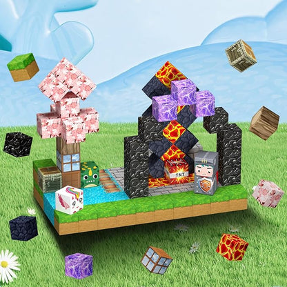 Uucoco 100PCS Magnetic Blocks - Magnet Cubes Toys Stacking, Build Mine Magnet World Magic Portal Set, STEM Montessori Stacking Toy for 3+ Year Old Boys&Girls (Forest and Castle)
