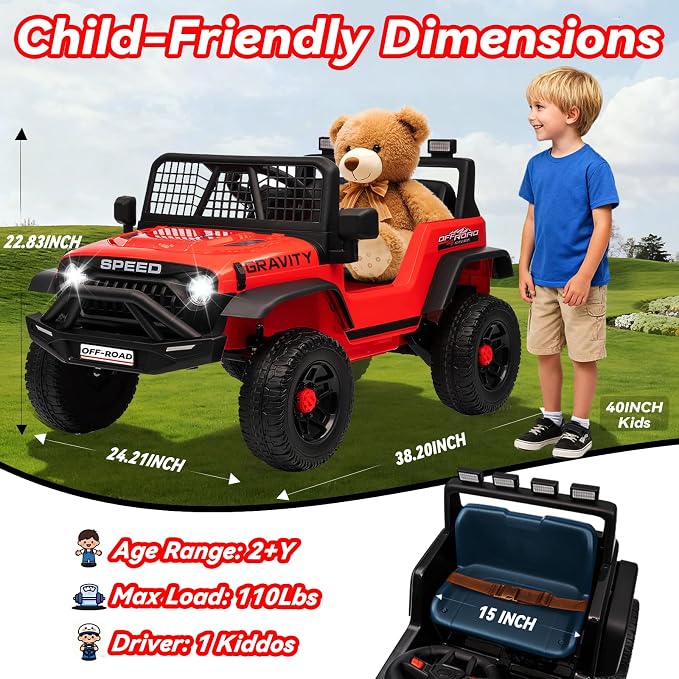 24V Ride on Toys w/Remote Control, 4WD Kids Ride on Truck Car, 3 Speed, Bluetooth Music, Wide Seat, Spring Suspension, LED Light, Birthday for Boys Girls Toddler (D-Red)