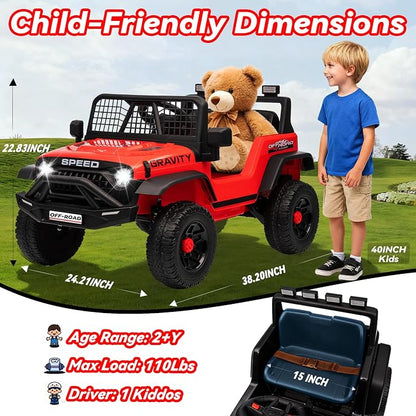 24V Ride on Toys w/Remote Control, 4WD Kids Ride on Truck Car, 3 Speed, Bluetooth Music, Wide Seat, Spring Suspension, LED Light, Birthday for Boys Girls Toddler (D-Red)
