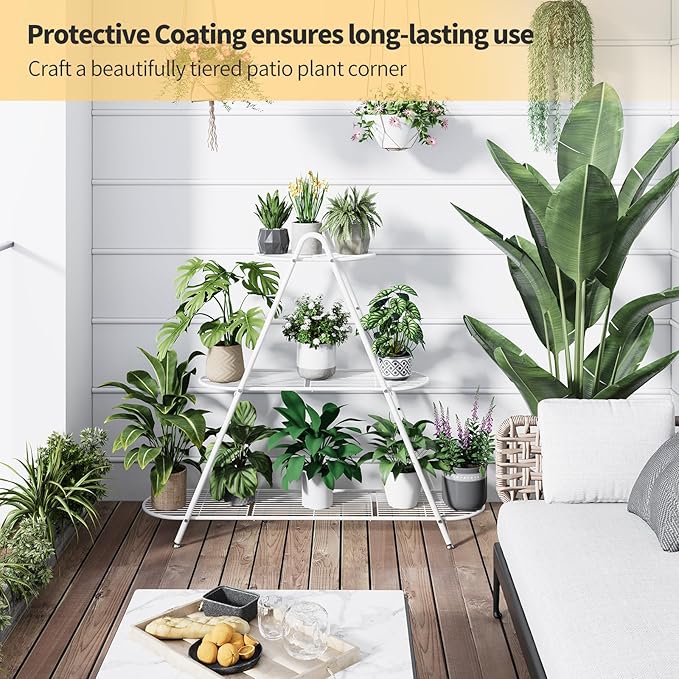 Plant Stand for Patio, 3-Tier Metal Plant Shelf–Indoor/Outdoor Display Rack for Multiple Pots, Heavy Duty Plants, Garden Flower Organizer (White)