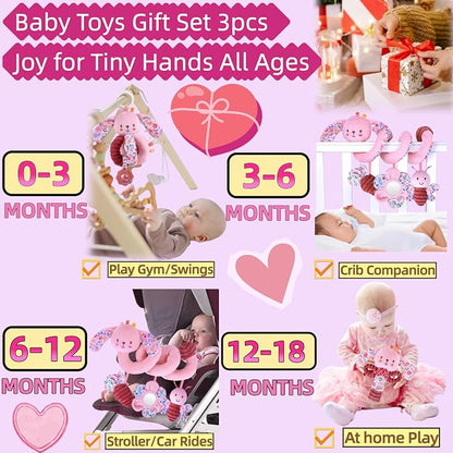 Baby Spiral Car Seat Toys for Babies 0-6 Months Girl, Stroller Hanging Stuffed Animal Carseat Crinkle Rabbit Toy 0-3-4-5-6-7-8-9-12 Month, Newborn Infant Toddler Birthday Gifts Set Bunny 3PCS
