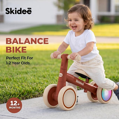 SKIDEE Toddler Balance Bike 1-3, 4-Wheel Balance Bike with Rare Light-Motion-Activated LED Wheels, Adjustable Height & Child Safe Steering, Lightweight Ride-On Toy Training Bike for Boys & Girls