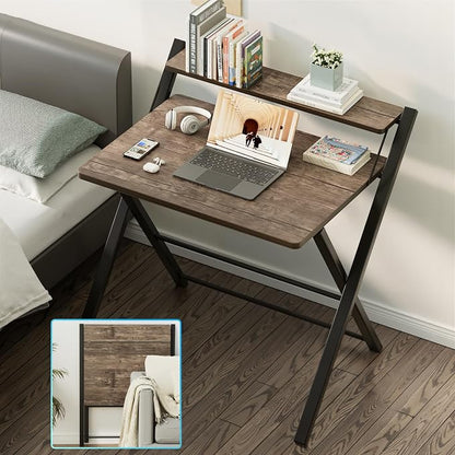 GreenForest No Assembly Folding Desk, 2-Tier Compact Computer Desk with Shelf, 30 inch Space Saving Foldable Table for Home Office, Dorm or Apartment, Portable Collapsible Sturdy Laptop Desk, Brown | Portable Foldable Table for Laptop, 2-Tier Compact w...
