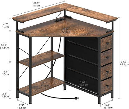 Corner Desk with Drawers Shelves for Small Space 90 Degrees Triangle Computer Desk with Power Outlets,Gaming Desk with LED Lights Monitor Stand for Home Office Workstation Writing Table (Brown)