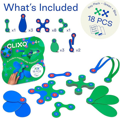 Clixo Itsy Magnetic Toy for Kids - Flexible, Durable, Imagination-Boosting Magnet Building Toy. Educational Multi-Sensory STEM Experience. Great as a Travel Game. Ages 4-99. 18 Piece Pack