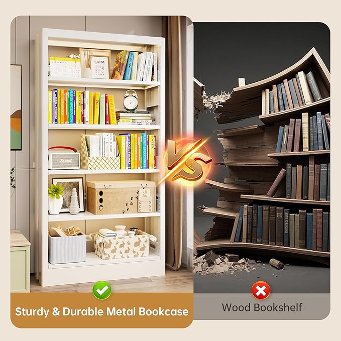 5-Tier Adjustable Bookcase, Heavy Duty Bookshelf with Book Stopper, Metal Bookcase for Library, Office, Living Room