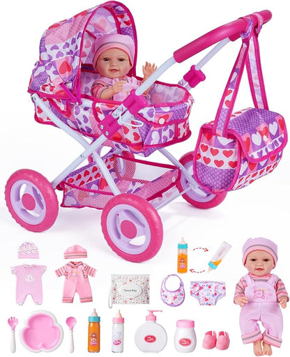 BABESIDE Baby Doll Stroller Set with 12 Inch Baby Doll, 14 Pcs Baby Doll Accessories, Folding Doll Pram Pretend Play Set, Feeding, Bath & Care Toys, Gift for Girls Ages 3yrs+