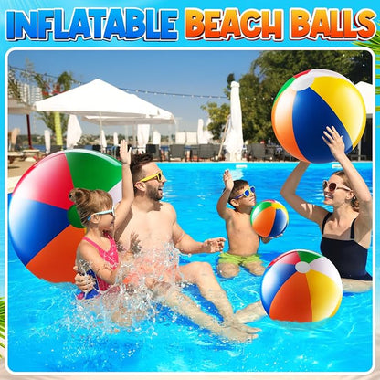 4-pcs Assorted Sizes Inflatable Beach Balls - Small & Large Rainbow Beach Balls For Kids In 6", 12", 16", 24" Sizes - Colorful Blow Up Pool Toys For Beach Games, Summer Party Decoration & Outdoor Fun