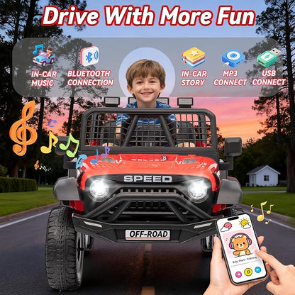 24V Ride on Toys w/Remote Control, 4WD Kids Ride on Truck Car, 3 Speed, Bluetooth Music, Wide Seat, Spring Suspension, LED Light, Birthday for Boys Girls Toddler (D-Red)