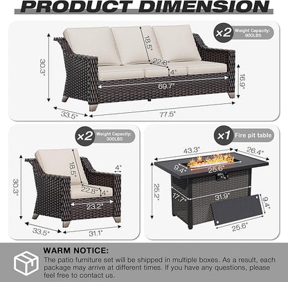 Joyside Wicker Patio Furniture Sets, 5 Pieces Upgraded Large Size Outdoor Furniture with Patio Dining Chair, Two 3-Seat Sofa, Fire Table,Thick Cushions, Wide Armrest, Beige