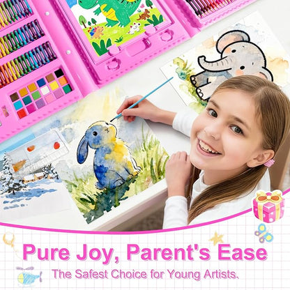 GOTIDEAL Art Supplies,Kids Art Set,210 PCS Art Kit for Kids Age 6-12 with Trifold Easel, Kid Drawing kit with Coloring Book, Crayons, Markers, Watercolor Pens,Gift for Boys and Girls(Pink)