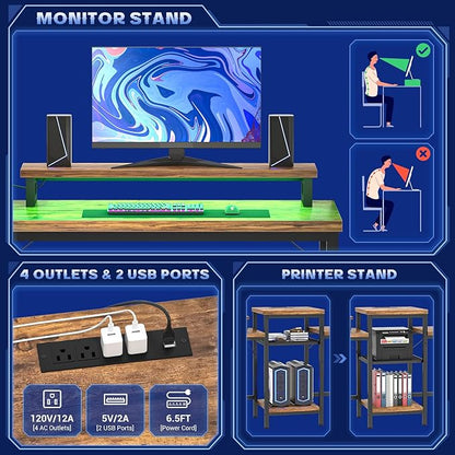Unikito Double Computer Desk with LED Strip and Power Outlet, 2 Person Desk with Monitor Stand and Storage, Ergonomic Computer Desk with Printer Stand for Home Office, Long Gaming desk, Rustic Brown
