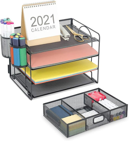 Marbrasse Desk Organizer, 4-Tier Paper File Letter Tray, Black | Sturdy Paper Tray, File Holder, Built-in Drawer, 2 Pen Slots, fits Letters/Files, for School Home Office Supplies