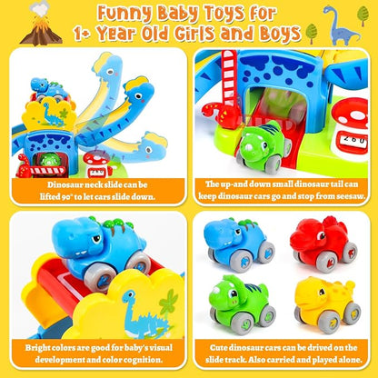Toddler Toys for 1 2 Year Old Boy Gifts, Dinosaur Slide with 4 Dino Cars Montessori Learning Toys for Baby 12-18 Months, Educational First Birthday Gifts for Kids, Girls, Push Track for Toddlers 1-3