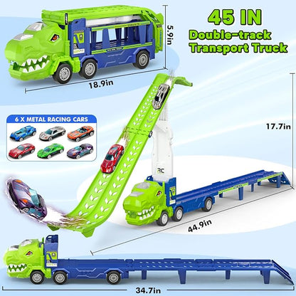 BainGesk Dinosaur Truck Car Toys for 3, 4, 5, 6 Years Old Boys Girls, 3 in 1 Carrier Truck with 2 Foldable Race Tracks, Transport Car with 6 Metal Cars, Birthday Toys Gifts for Toddlers