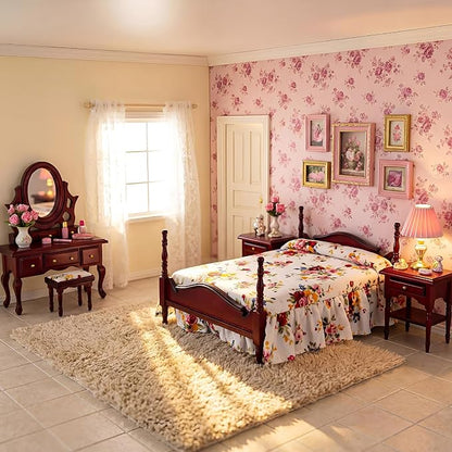 Skylety 7 Pcs Victorian Dollhouse Furniture Set 1: 12 Scale Wooden Mini House Bedroom Furniture and Accessories, Bed Dressing Table Wardrobe Carpet for Adults Toy Gift Miniature Doll House Accessories
