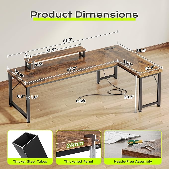 PRAISUN 61" L Shaped Computer Desk, Outlets, Monitor Stand, Rustic Brown | USB-C Ports, Reversible Charging Station, Spacious Desktop & Legroom, 0.94 Inch Thick Desktop, for Gaming, Study & Work