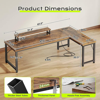 PRAISUN 61" L Shaped Computer Desk, Outlets, Monitor Stand, Rustic Brown | USB-C Ports, Reversible Charging Station, Spacious Desktop & Legroom, 0.94 Inch Thick Desktop, for Gaming, Study & Work