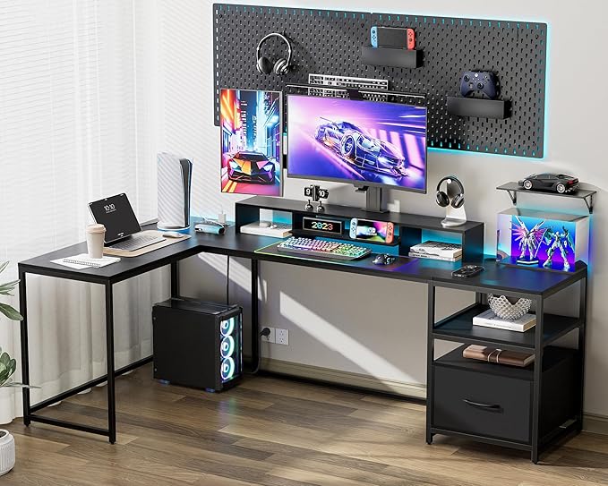 L Shaped Desk - 87" L Shaped Gaming Desk with Power Outlet & Monitor Shelf, Home Office Corner Computer Desk with Printer Shelf & File Drawer, Black