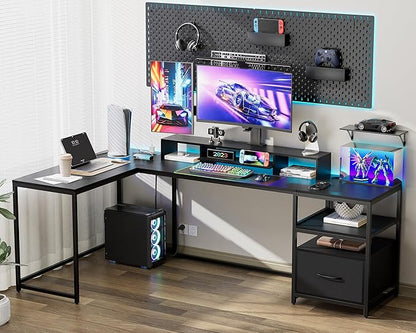 L Shaped Desk - 87" L Shaped Gaming Desk with Power Outlet & Monitor Shelf, Home Office Corner Computer Desk with Printer Shelf & File Drawer, Black