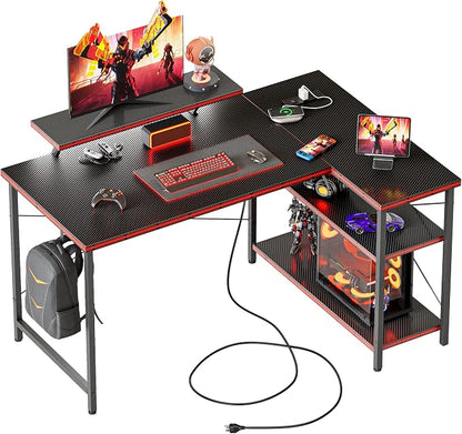 Mericonia 40 in Corner Desk with Monitor Stand, Small L Shaped Gaming Desk | Reversible Computer Desk with Power Outlets, LED Light & Storage Shelves, Office Table for Home Bedroom Study Work Writing
