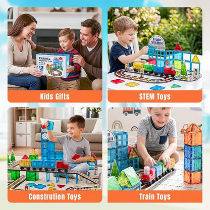 SKTMYY Train Toy Magnetic Tiles for Kids Ages 4-8 with Train Station Tracks | Magnet Building Blocks with Cars Signal Preschool Classroom STEM Montessori Toys Birthday Gifts for Boys Girls Toddler 3-5