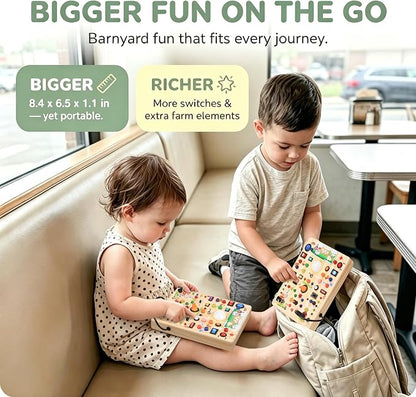 RichBoy Montessori Toy Busy Board with 40 LED Lights, 59-in-1 Sensory Toys for Toddlers, Travel Educational Activity for Airplane, Ideal Christmas Birthday Gift for Boys & Girls (Farm 7.8" x 6.5")