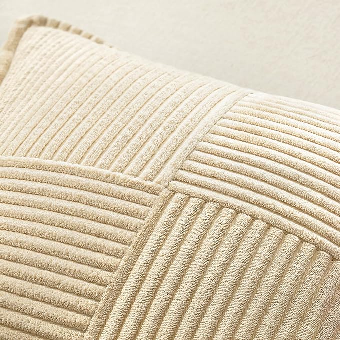 MIULEE Decorative Throw Pillow Covers for Couch Bed Livingroom 20x20 Inch Set of 2 Cream Boho Accent Throw Pllows Broadside Striped Patchwork Soft Corduroy Pillowcases