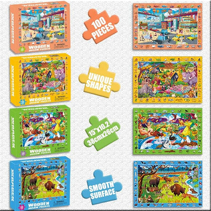 100 Piece Puzzles for Kids Ages 4-6 8-10, Safe Educational Jigsaw Puzzles Wildlife, Jungle, Fantasy & City Life, Fun Learning Toys Gifts for Boys Girls 4-Pack