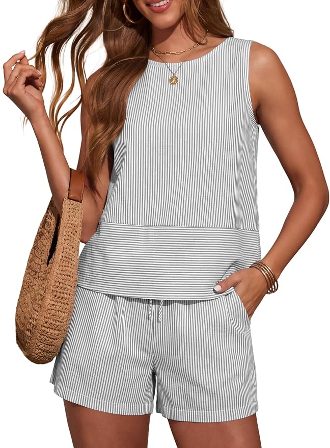 LOMON Women's Trendy 2 Piece Outfits Shorts Sets Summer Crew Neck Sleeveless Tank Top and Bottom Matching with Pockets 2026