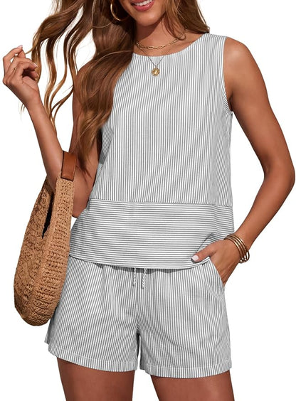 LOMON Women's Trendy 2 Piece Outfits Shorts Sets Summer Crew Neck Sleeveless Tank Top and Bottom Matching with Pockets 2026
