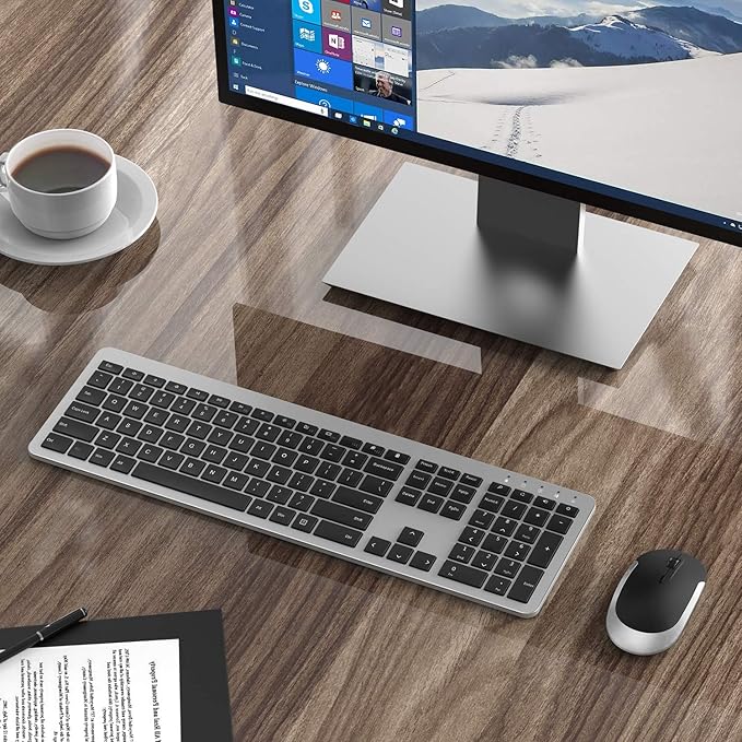Wireless Keyboard and Mouse Combo - seenda Full Size Slim Thin Wireless Keyboard Mouse with On/Off Switch on Both Keyboard and Mouse - (Black and Silver)