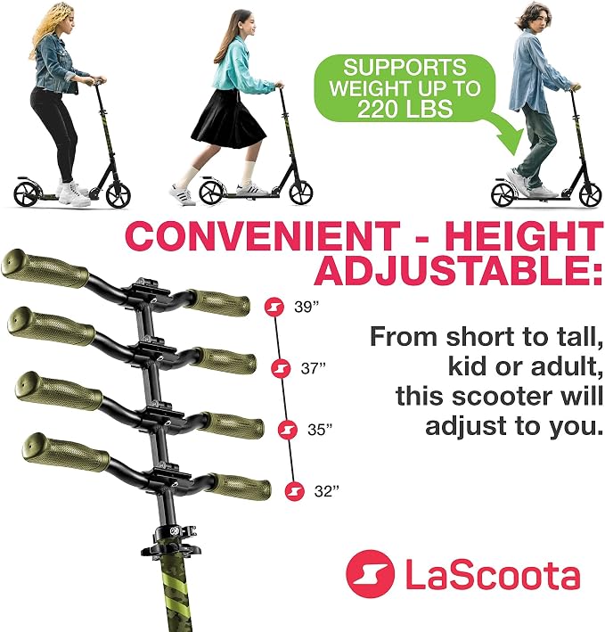LaScoota Kick Scooter for Kids Ages 6+, Teens & Adults, Large 8" Sturdy Urethane Wheels. Adjustable Handlebar, Lightweight, Foldable, 220lbs Max Load