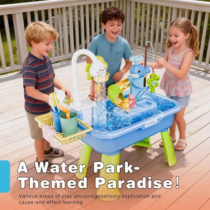 Toddler Water Table for 1-3 Year Old - Upgraded Electric Pump Water Toys, Outdoor Sensory Play Sand & Water Table, Kitchen Sink Toy with Running Water & Fishing Game, Summer Gifts for Boys Girls,Blue