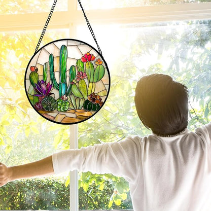 DASTOLL Stained Glass Window Hanging, White Green Cactus Suncatcher Diamond Glass Panel Hangings Sun Catchers Decor for Birthday for Women, Men, Wife, Aunt, and Mom 9.8 in