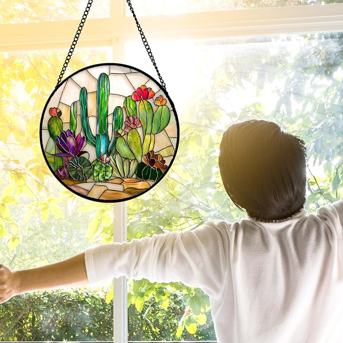 DASTOLL Stained Glass Window Hanging, White Green Cactus Suncatcher Diamond Glass Panel Hangings Sun Catchers Decor for Birthday for Women, Men, Wife, Aunt, and Mom 6.3 in