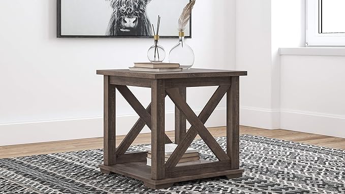 Signature Design by Ashley Aldwin Rustic Farmhouse 60" Home Office Lift Top Desk with Charging Ports, Distressed Gray & Arlenbry End Table, Gray